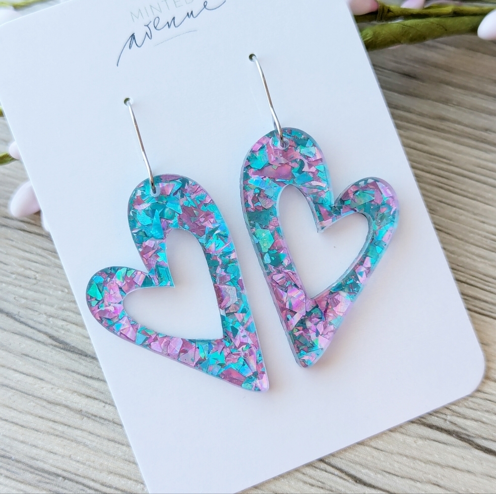 Confetti Acrylic Heart Shape Earrings, Asymmetrical Hearts